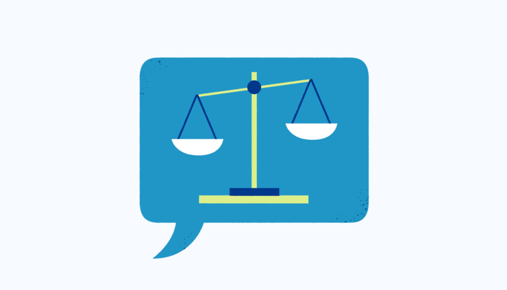 Illustration: Sprechblase mit Waage, die Gesetze symbolisieren