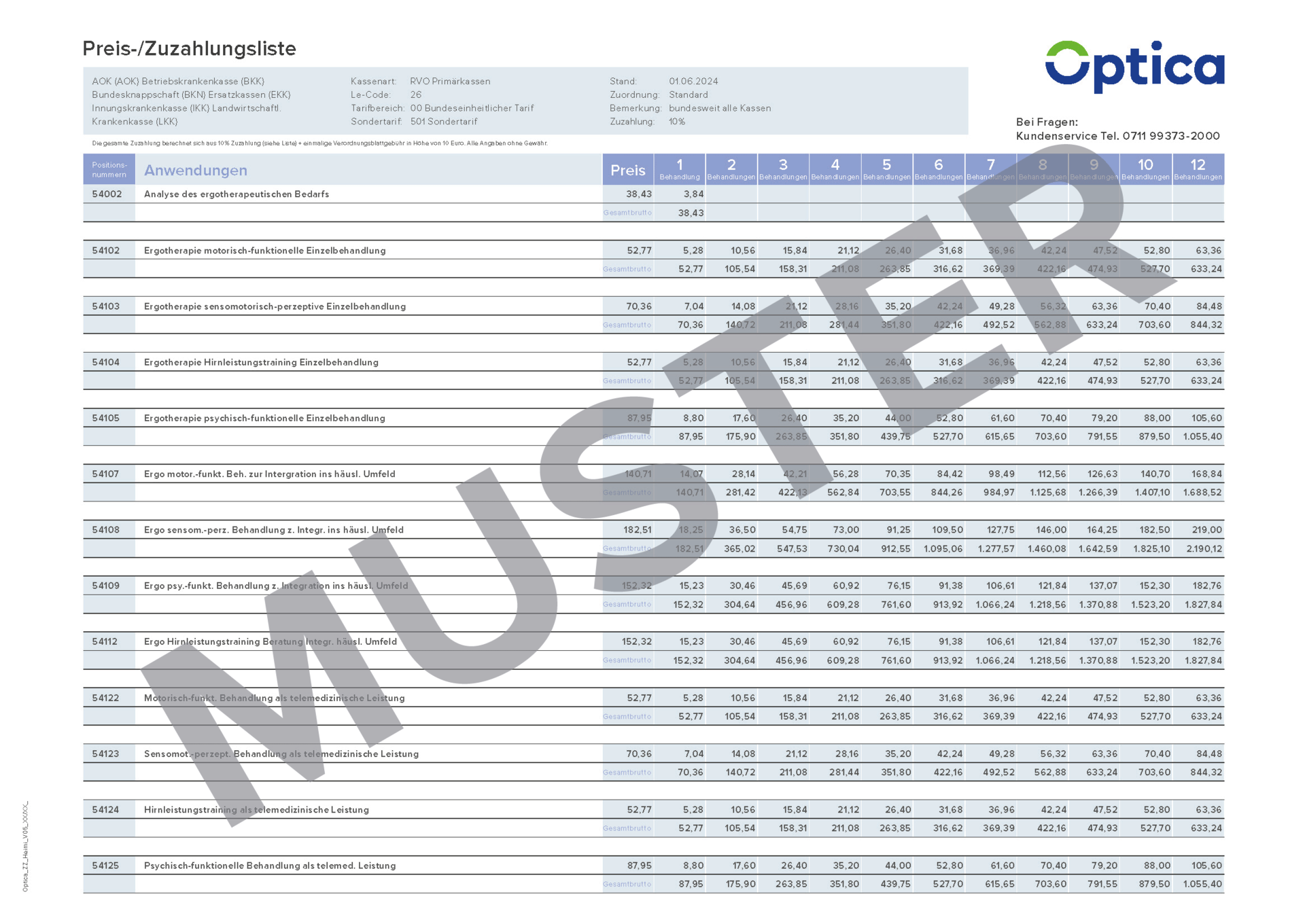 Muster aktuelle Ergotherapie Preisliste Optica