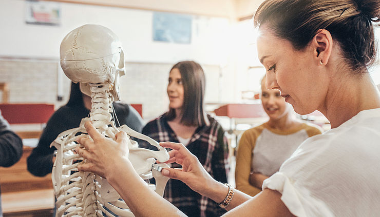 Gruppe von Physiotherapie Azubis mit Skelett