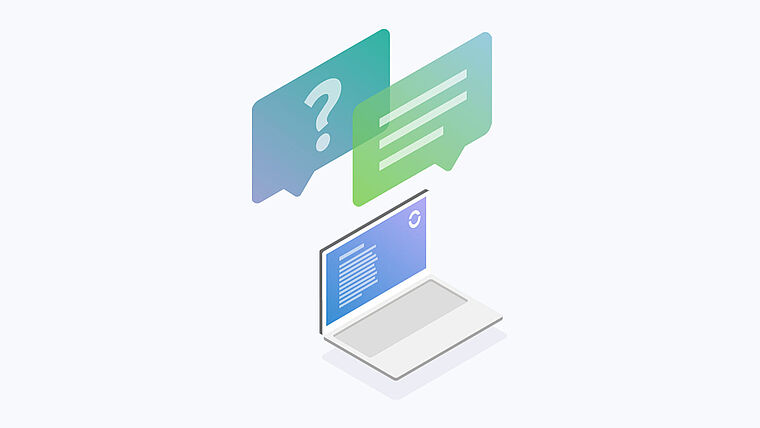 Illustration: zwei grüne Sprechblasen mit einem Fragezeichen und stilisiertem TExt über einem Laptop mit lila Bildschirm, der sich mit dem Thema Ergotherapie-Blankoverordnung beschäftigt.